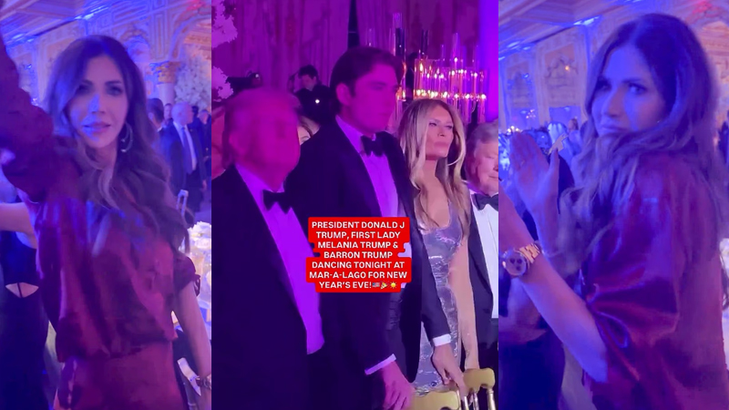 Kristi Noem dances to “Ice Ice Baby” at Trump’s Mar-a-Lago New Year’s Eve party as Barron looks unimpressed